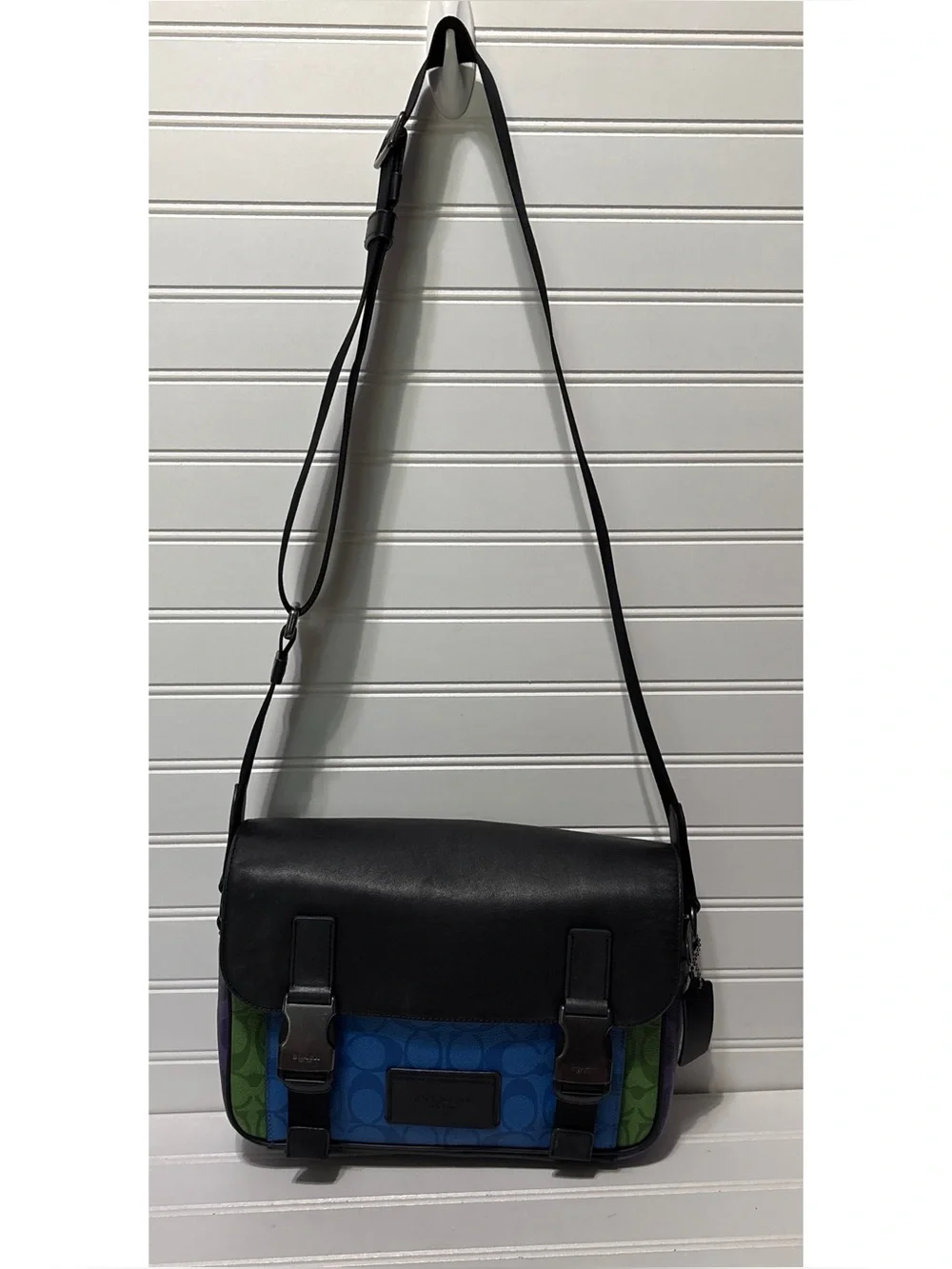 COACH Track 27 Blue Green Purple Blocked Signature Messenger Crossbody Mens Bag